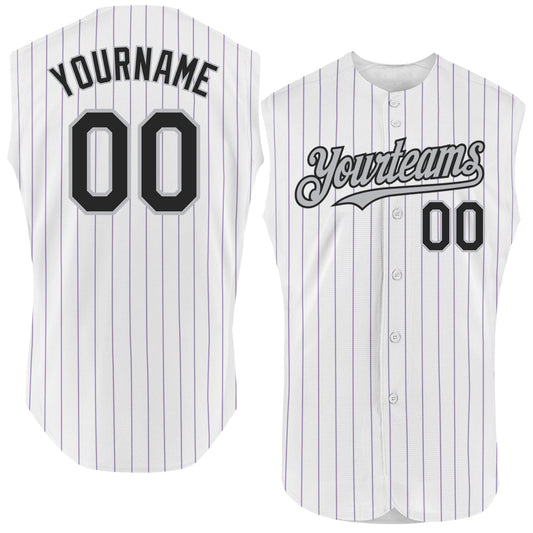 Custom White Purple Pinstripe Black-Gray Authentic Sleeveless Baseball Jersey - Main View