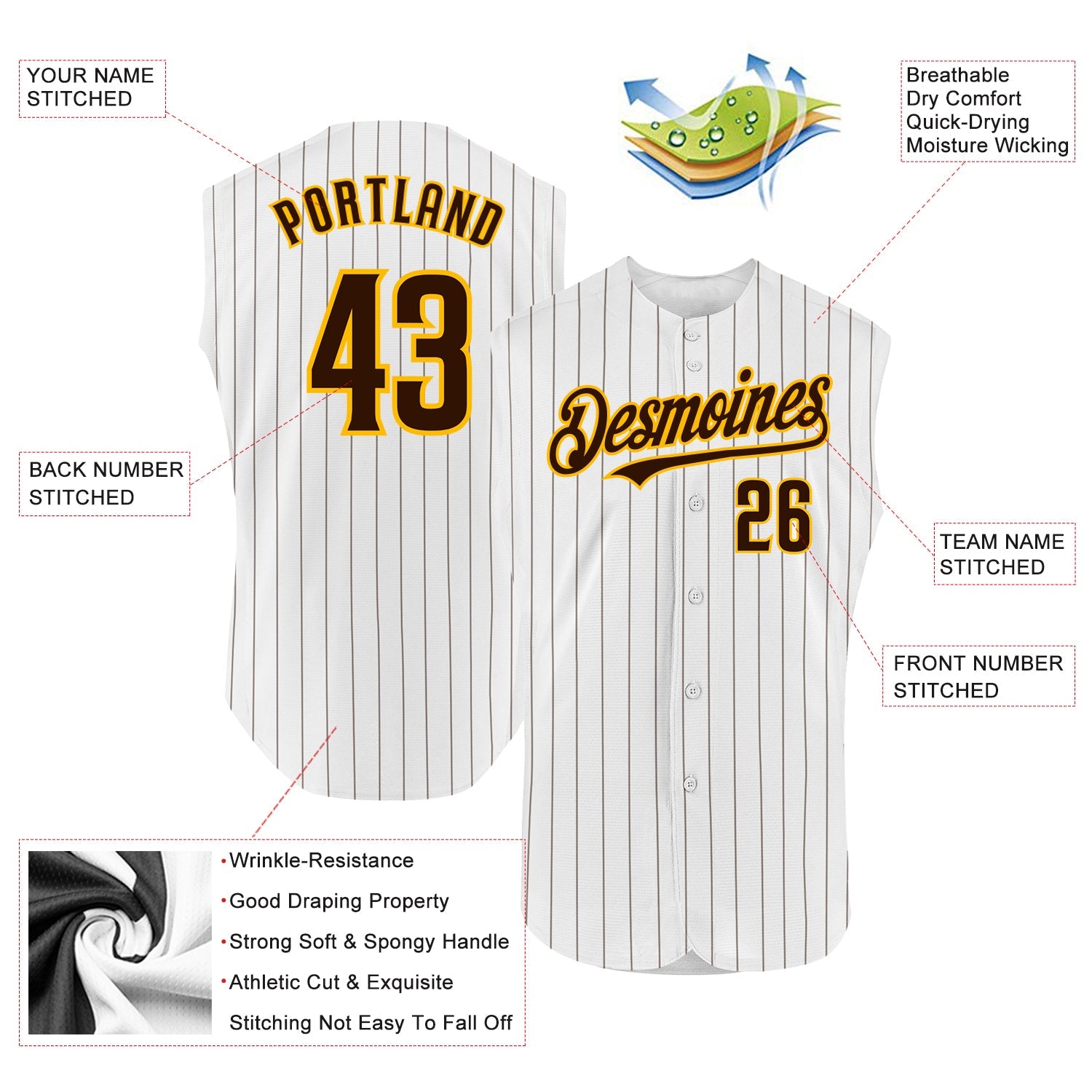 Custom White Brown Pinstripe Gold Authentic Sleeveless Baseball Jersey view 2
