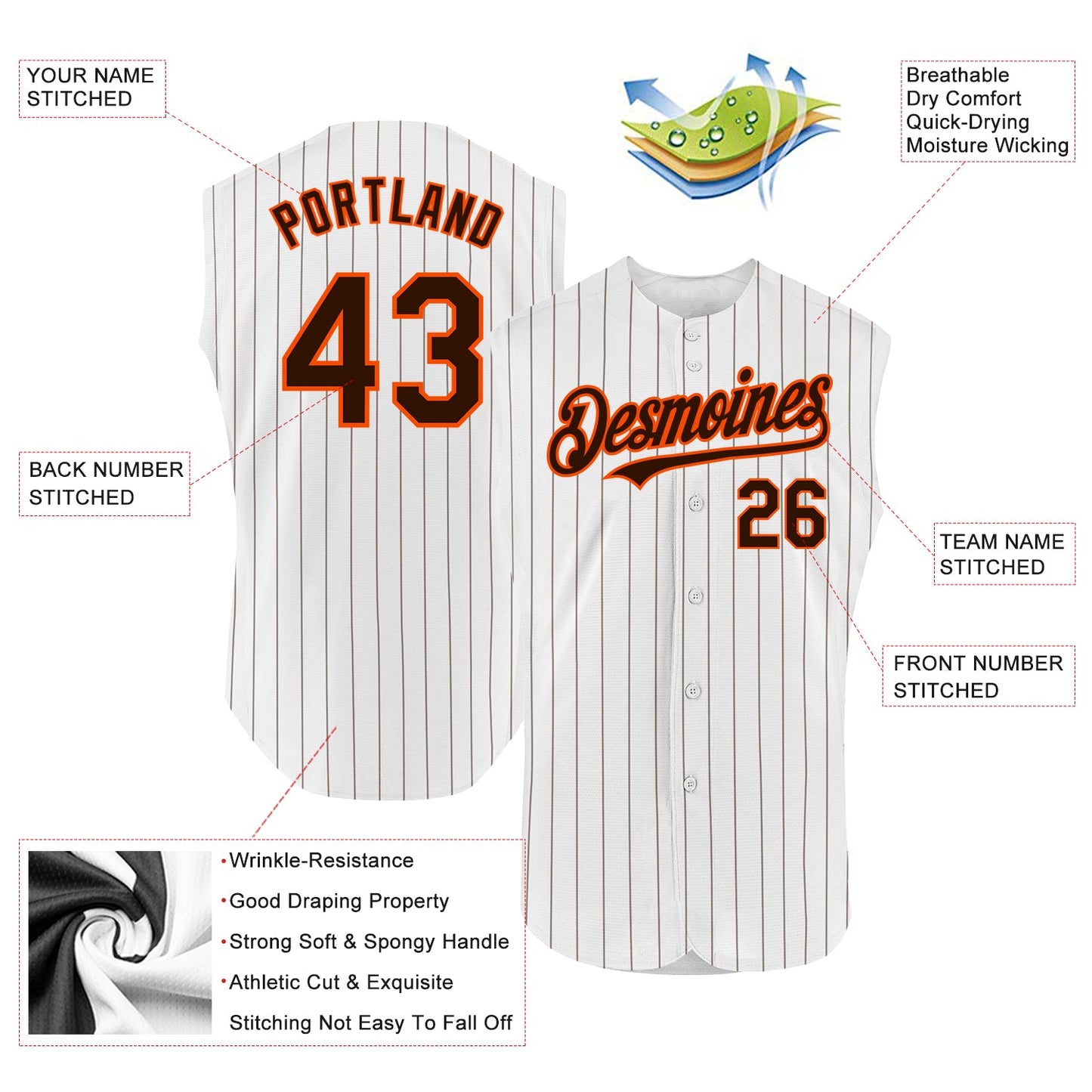 Custom White Brown Pinstripe Orange Authentic Sleeveless Baseball Jersey view 2