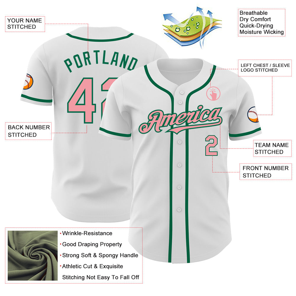 Custom White Medium Pink-Kelly Green Authentic Baseball Jersey view 3