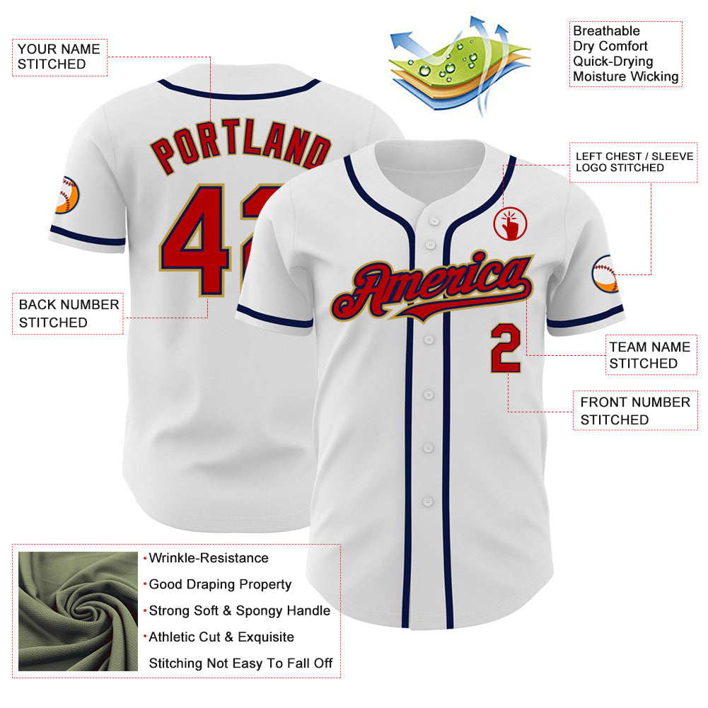 Custom White Red Navy-Old Gold Authentic Baseball Jersey view 3