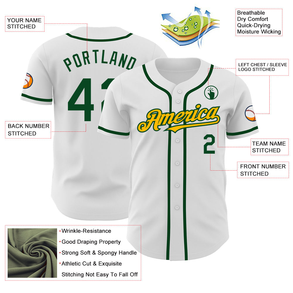 Custom White Green-Gold Authentic Baseball Jersey view 3