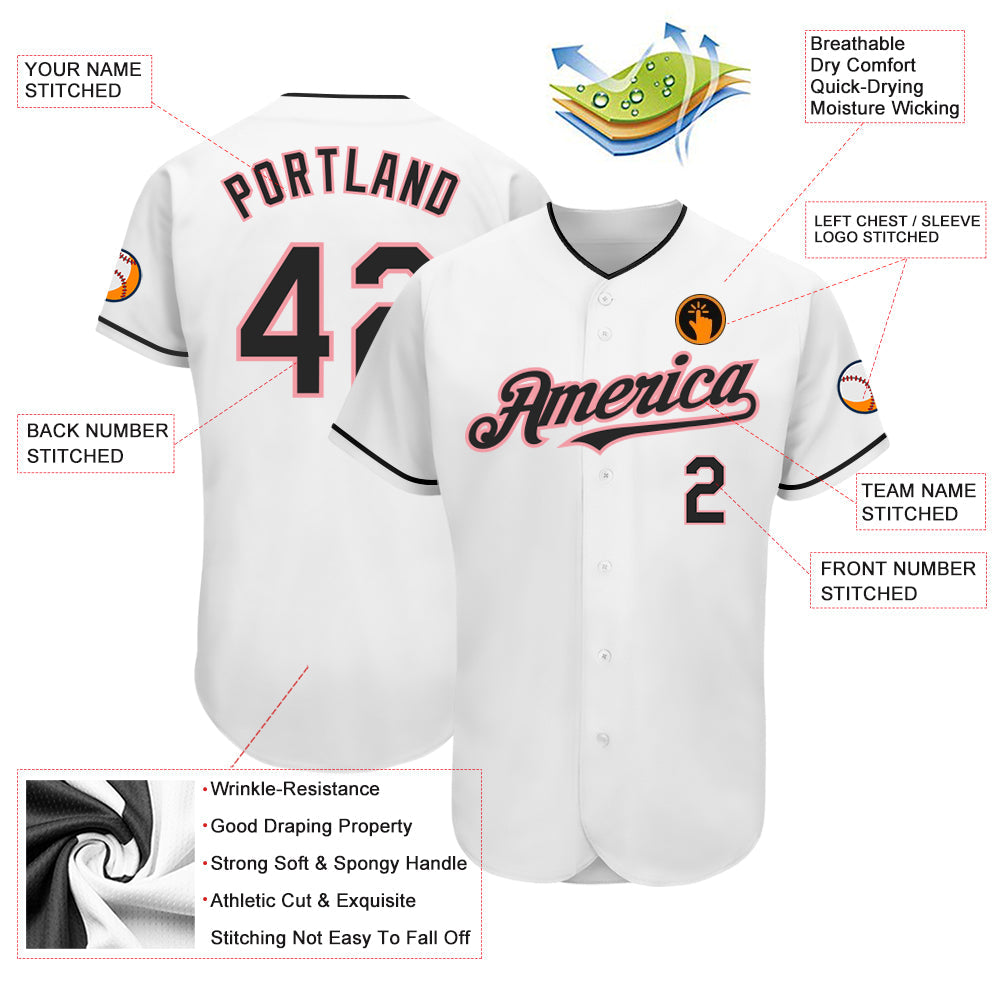 Custom White Black-Medium Pink Authentic Baseball Jersey view 3
