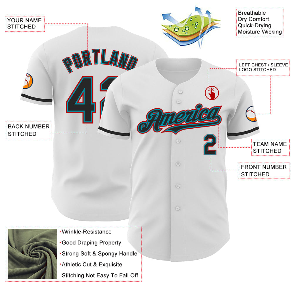 Custom White Black Teal-Red Authentic Baseball Jersey view 3