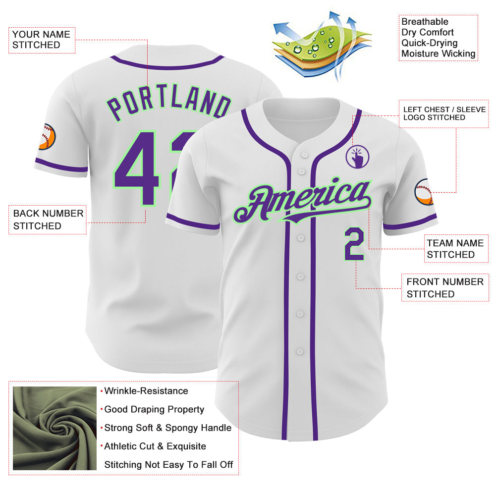Custom White Purple-Pea Green Authentic Baseball Jersey view 3