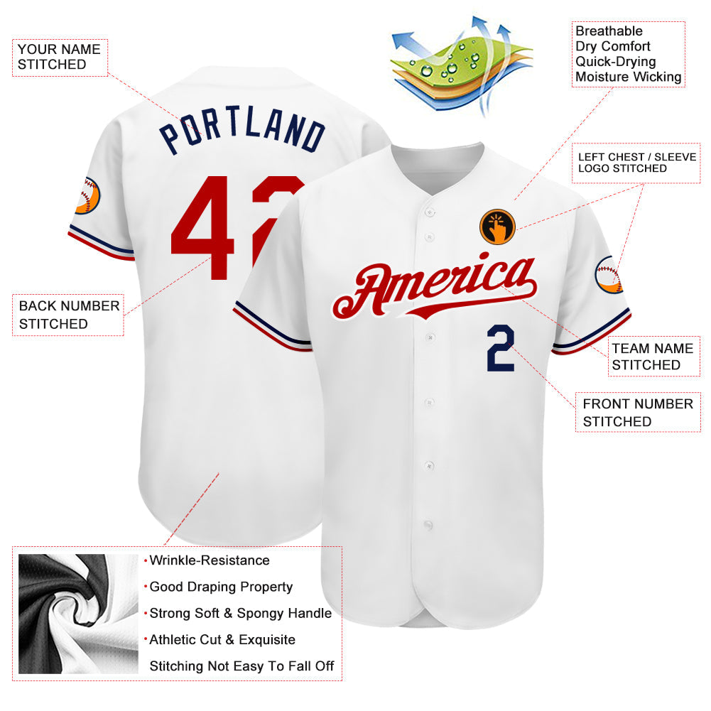 Custom White Red-Navy Authentic Baseball Jersey view 3