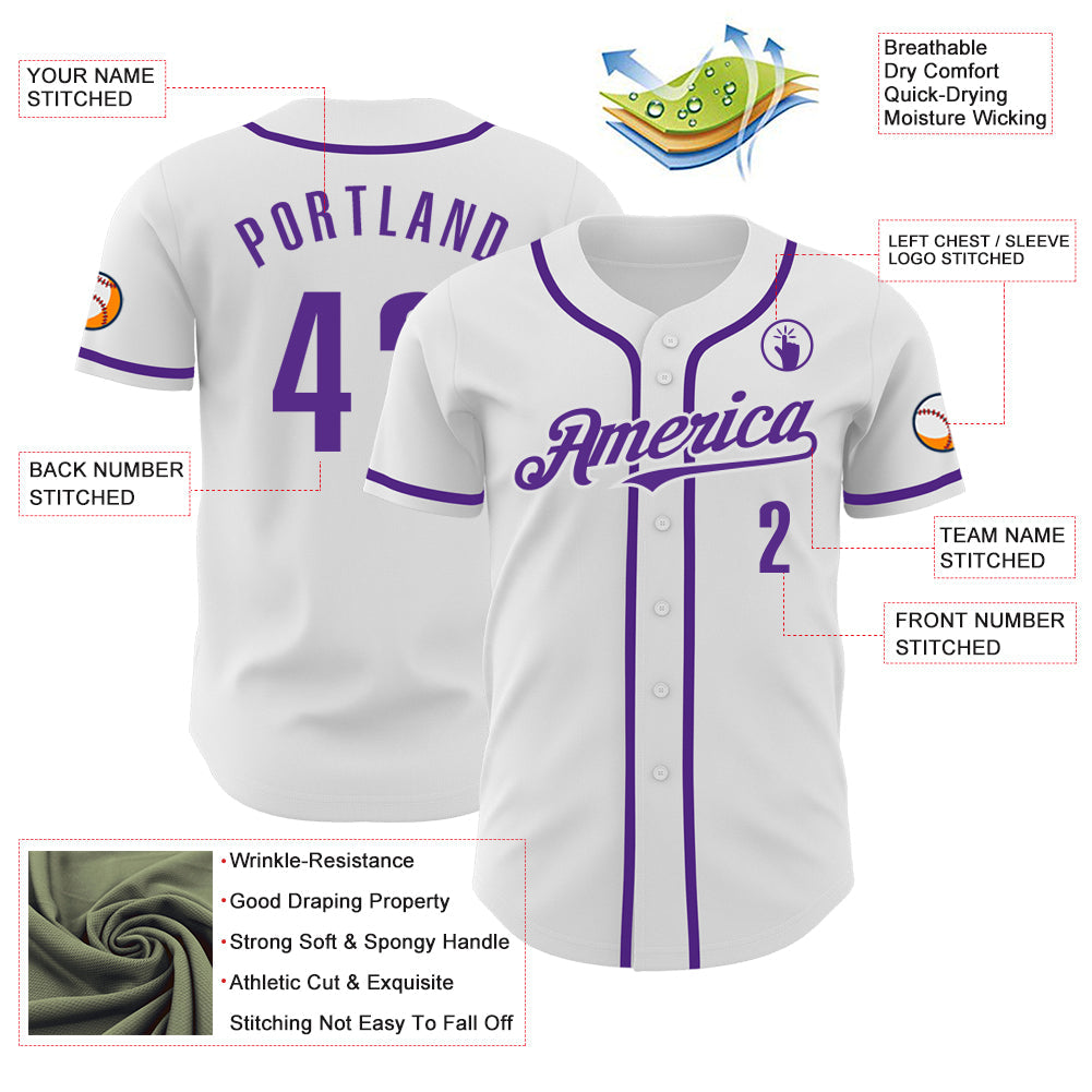 Custom White Purple Authentic Baseball Jersey view 4