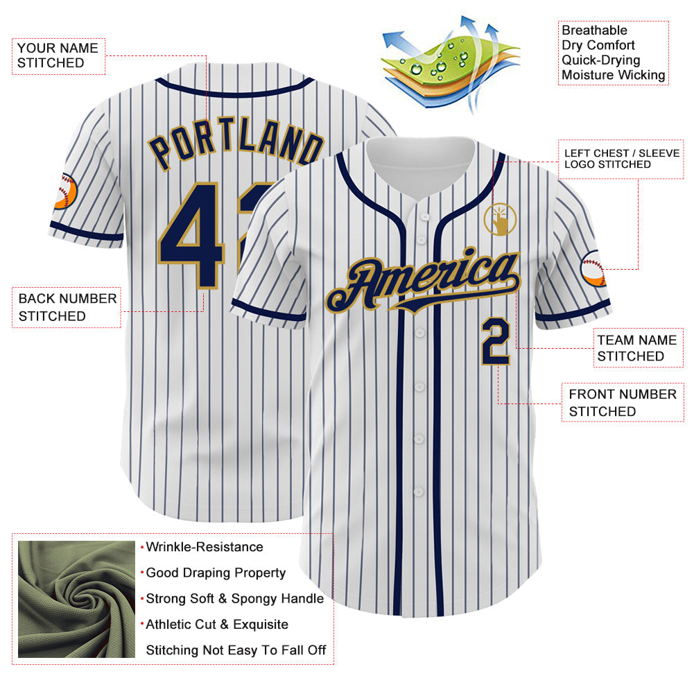 Custom White Navy Pinstripe Old Gold Authentic Baseball Jersey view 3