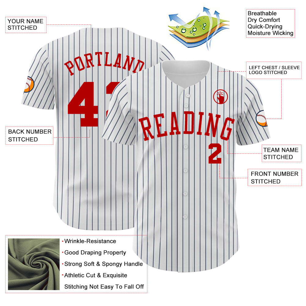 Custom White Navy Pinstripe Red Authentic Baseball Jersey view 3