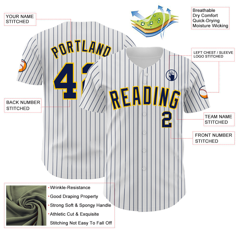 Custom White Navy Pinstripe Yellow Authentic Baseball Jersey view 3