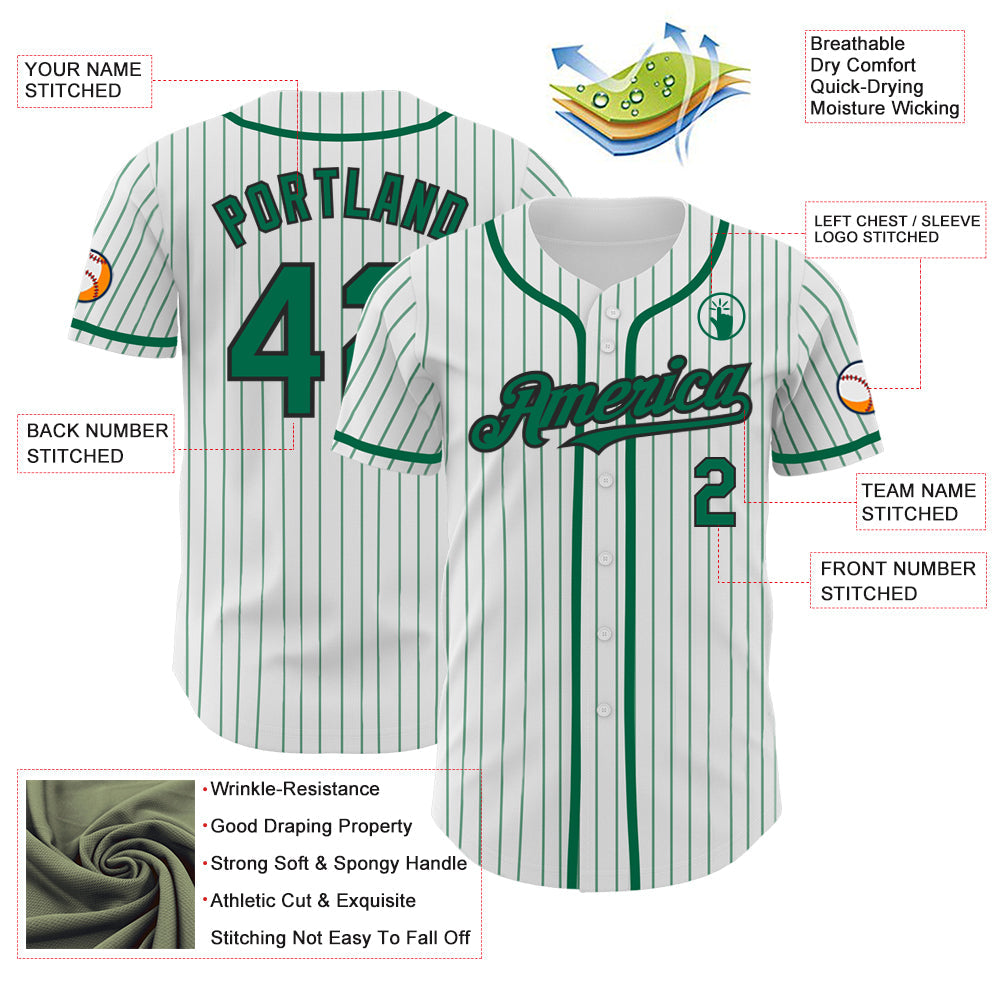 Custom White Kelly Green Pinstripe Black Authentic Baseball Jersey view 3