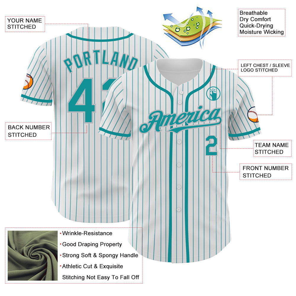 Custom White Teal Pinstripe Gray Authentic Baseball Jersey view 3