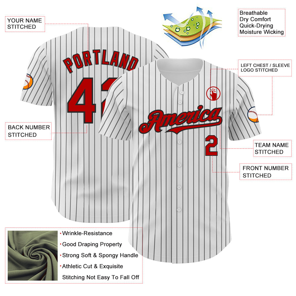Custom White Black Pinstripe Red Authentic Baseball Jersey view 3