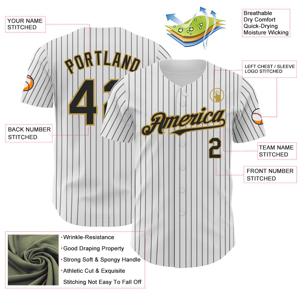 Custom White Black Pinstripe Old Gold Authentic Baseball Jersey view 3