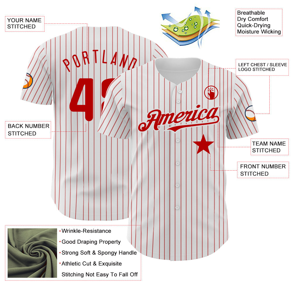 Custom White Red Pinstripe Authentic Red Star Baseball Jersey view 3