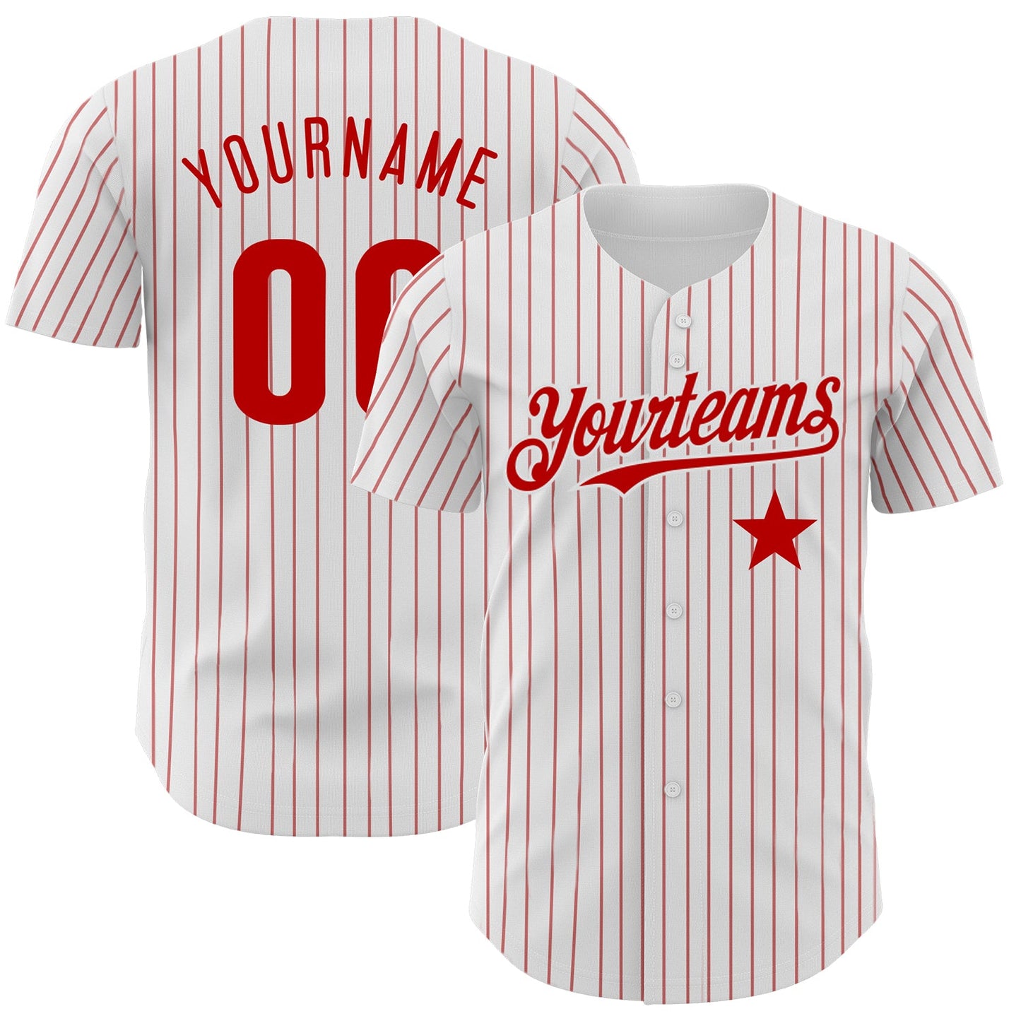 Custom White Red Pinstripe Authentic Red Star Baseball Jersey - Main View