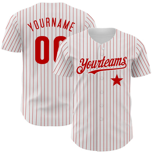 Custom White Red Pinstripe Authentic Red Star Baseball Jersey - Main View