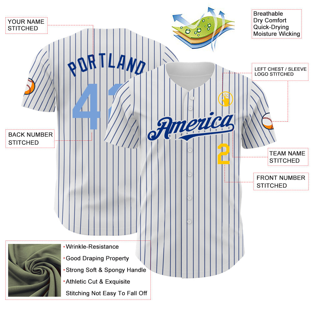 Custom White Royal Pinstripe Light Blue-Yellow Authentic Baseball Jersey view 3