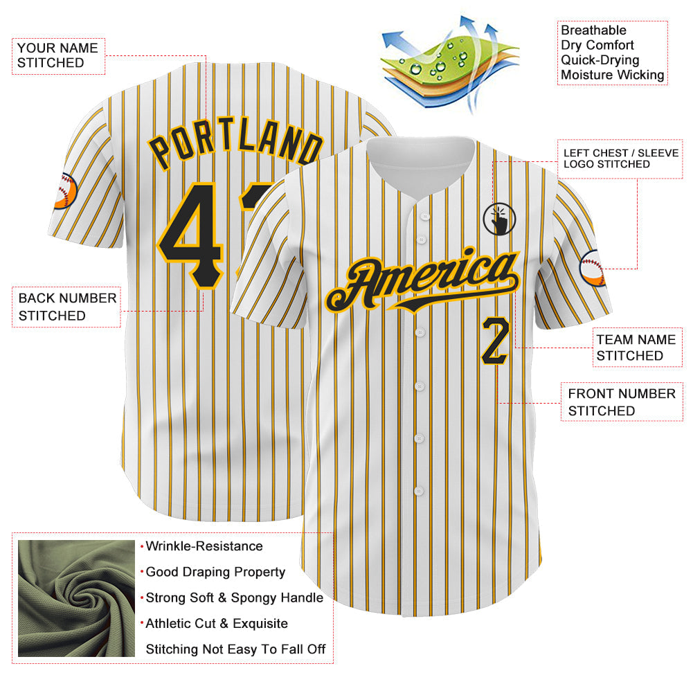 Custom White (Black Gold Pinstripe) Black-Gold Authentic Baseball Jersey view 3