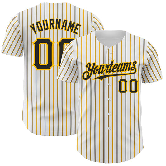 Custom White (Black Gold Pinstripe) Black-Gold Authentic Baseball Jersey - Main View