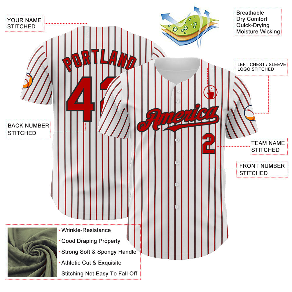 Custom White (Black Red Pinstripe) Red-Black Authentic Baseball Jersey view 3
