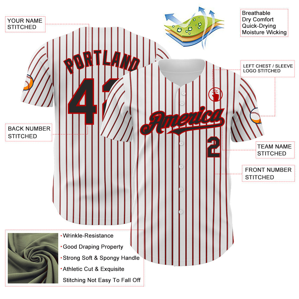 Custom White (Black Red Pinstripe) Black-Red Authentic Baseball Jersey view 3