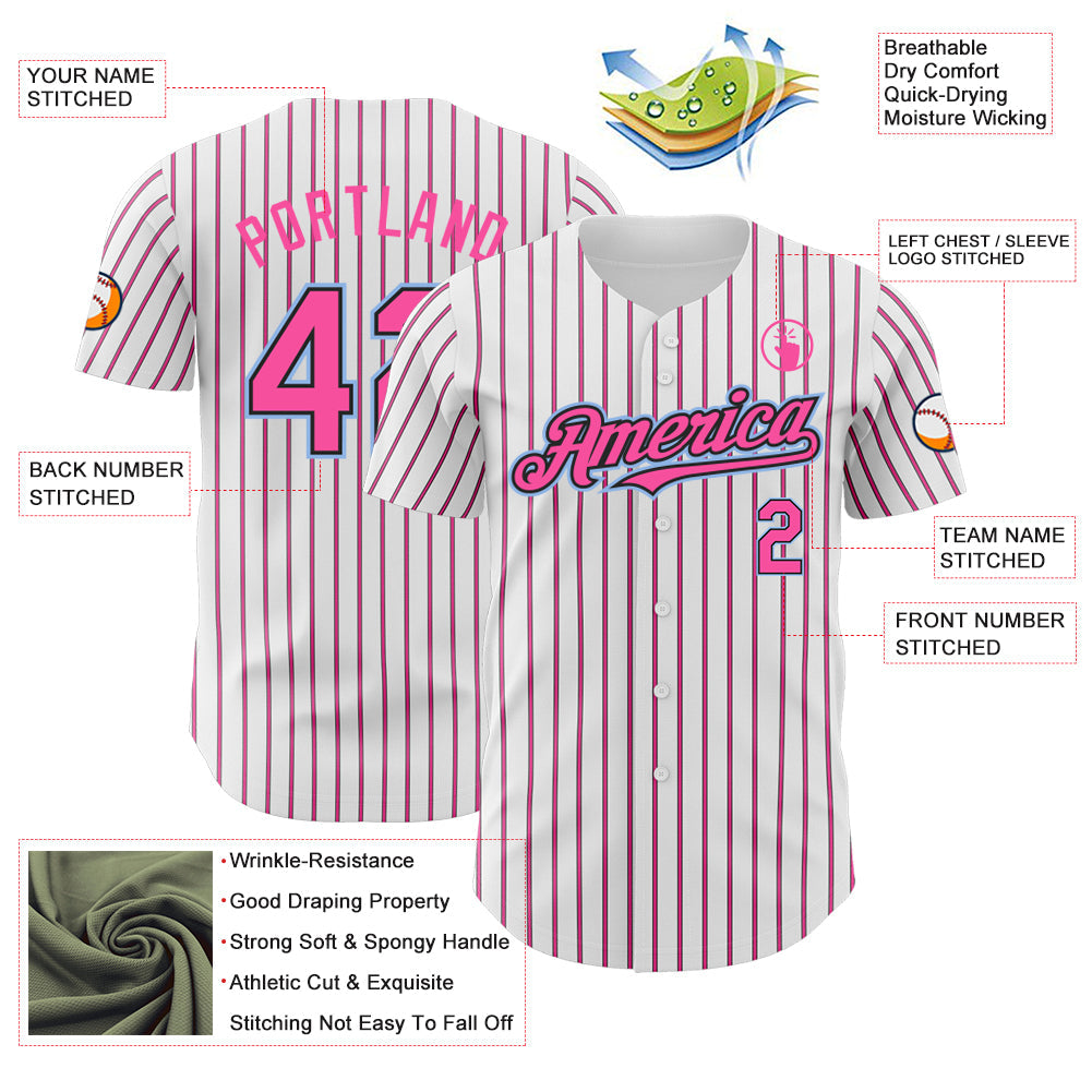 Custom White (Black Pink Pinstripe) Pink Black-Light Blue Authentic Baseball Jersey view 3