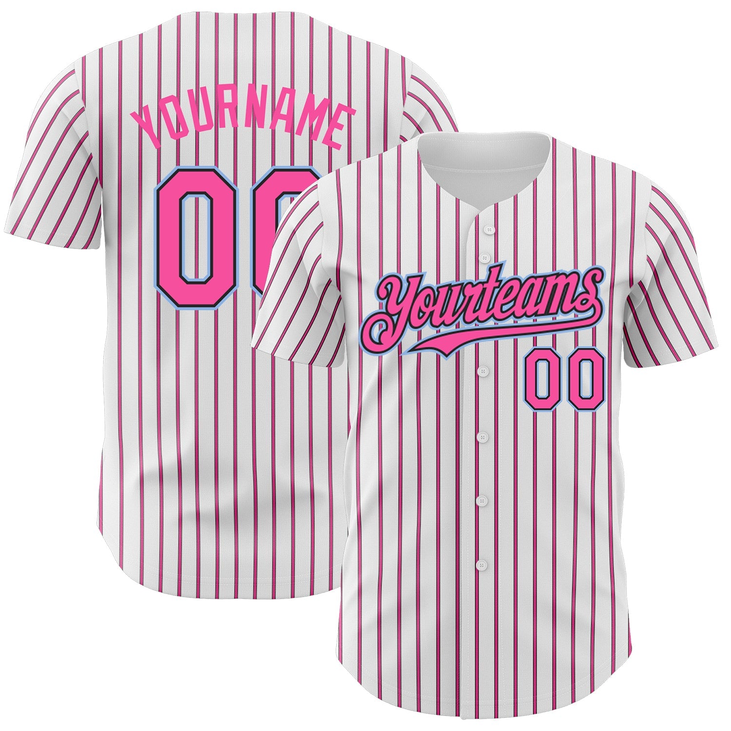 Custom White (Black Pink Pinstripe) Pink Black-Light Blue Authentic Baseball Jersey - Main View