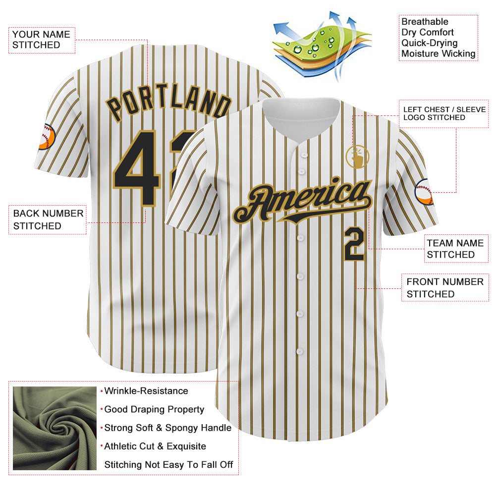Custom White (Black Old Gold Pinstripe) Black-Old Gold Authentic Baseball Jersey view 3