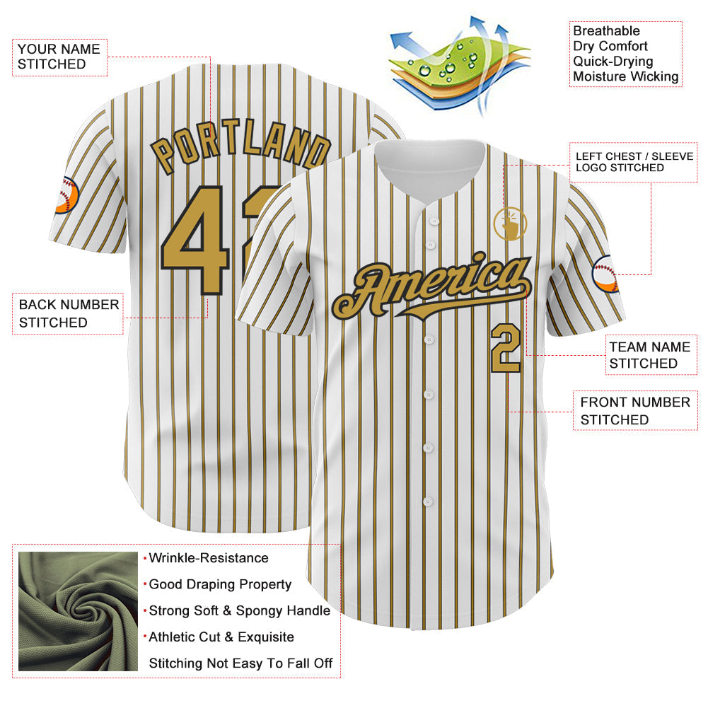Custom White (Black Old Gold Pinstripe) Old Gold-Black Authentic Baseball Jersey view 3