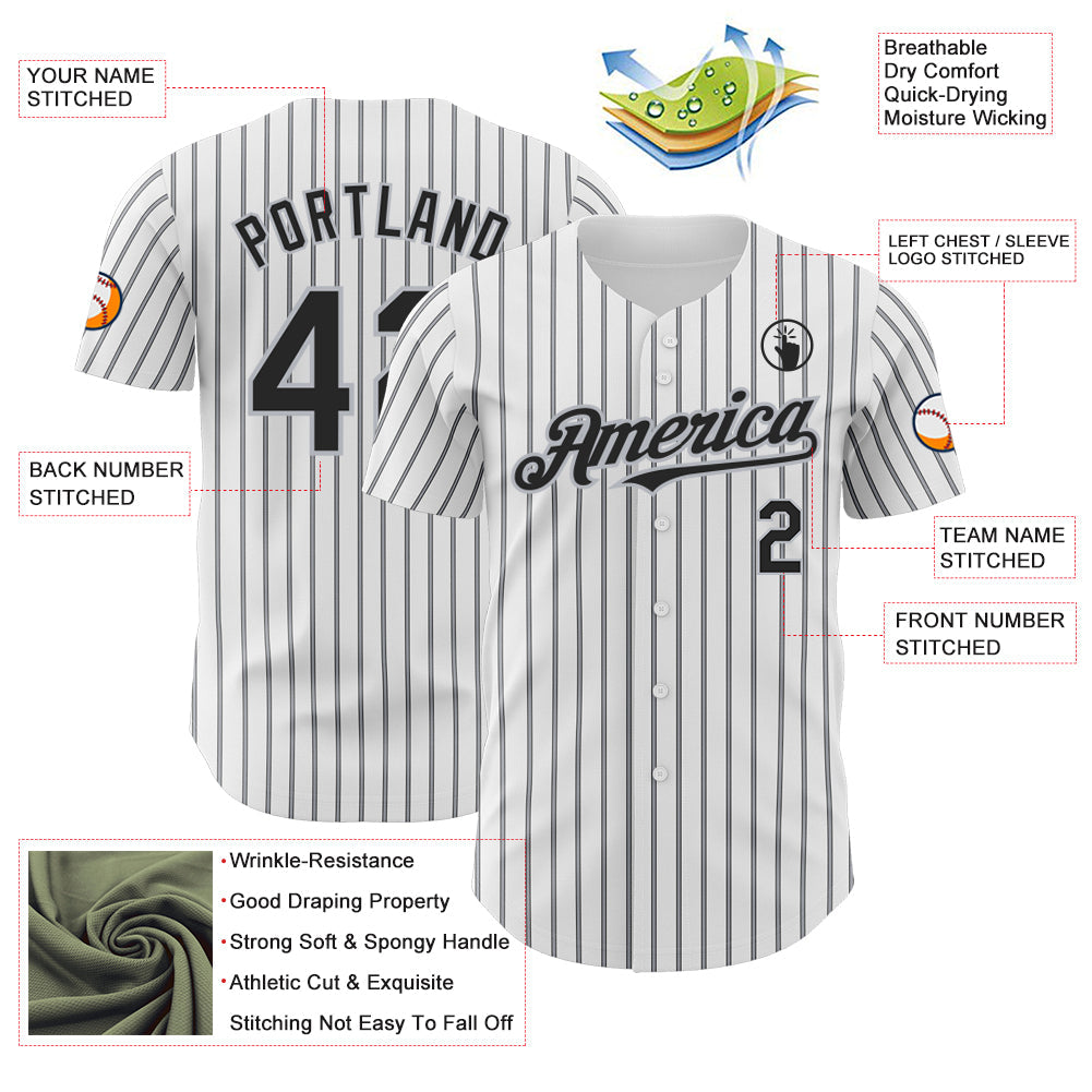 Custom White (Black Gray Pinstripe) Black-Gray Authentic Baseball Jersey view 3