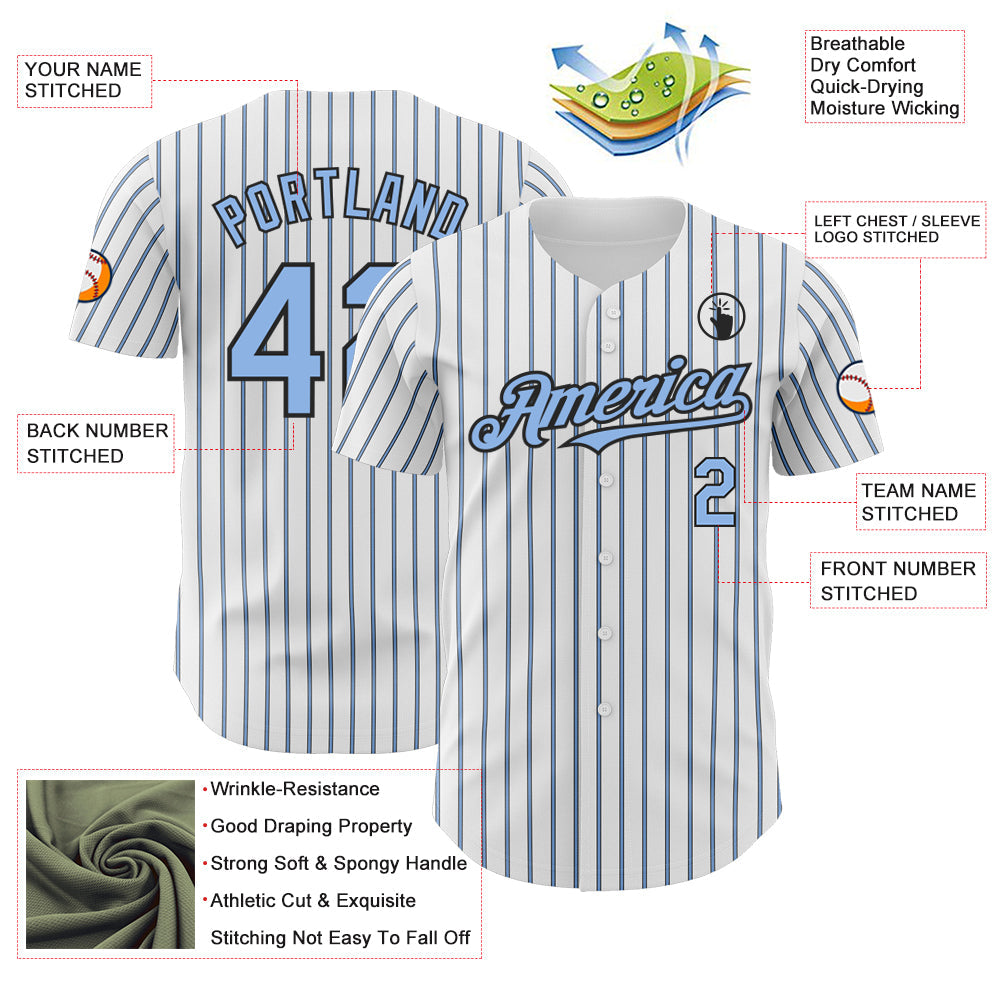 Custom White (Black Light Blue Pinstripe) Light Blue-Black Authentic Baseball Jersey view 3