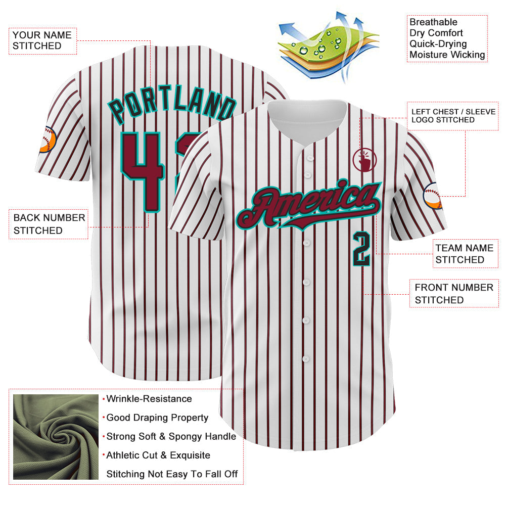 Custom White (Black Crimson Pinstripe) Crimson Black-Aqua Authentic Baseball Jersey view 3