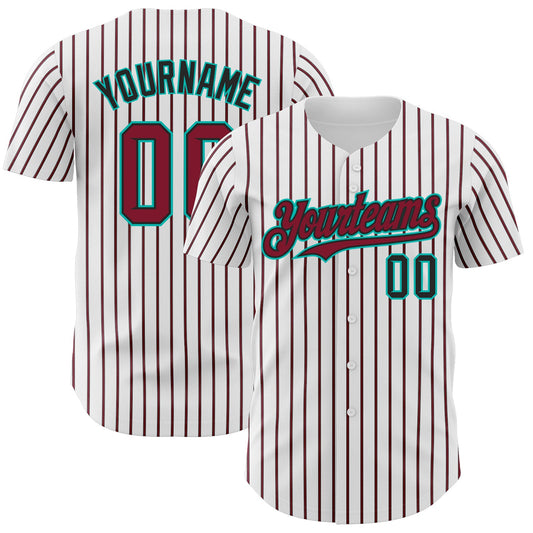 Custom White (Black Crimson Pinstripe) Crimson Black-Aqua Authentic Baseball Jersey - Main View
