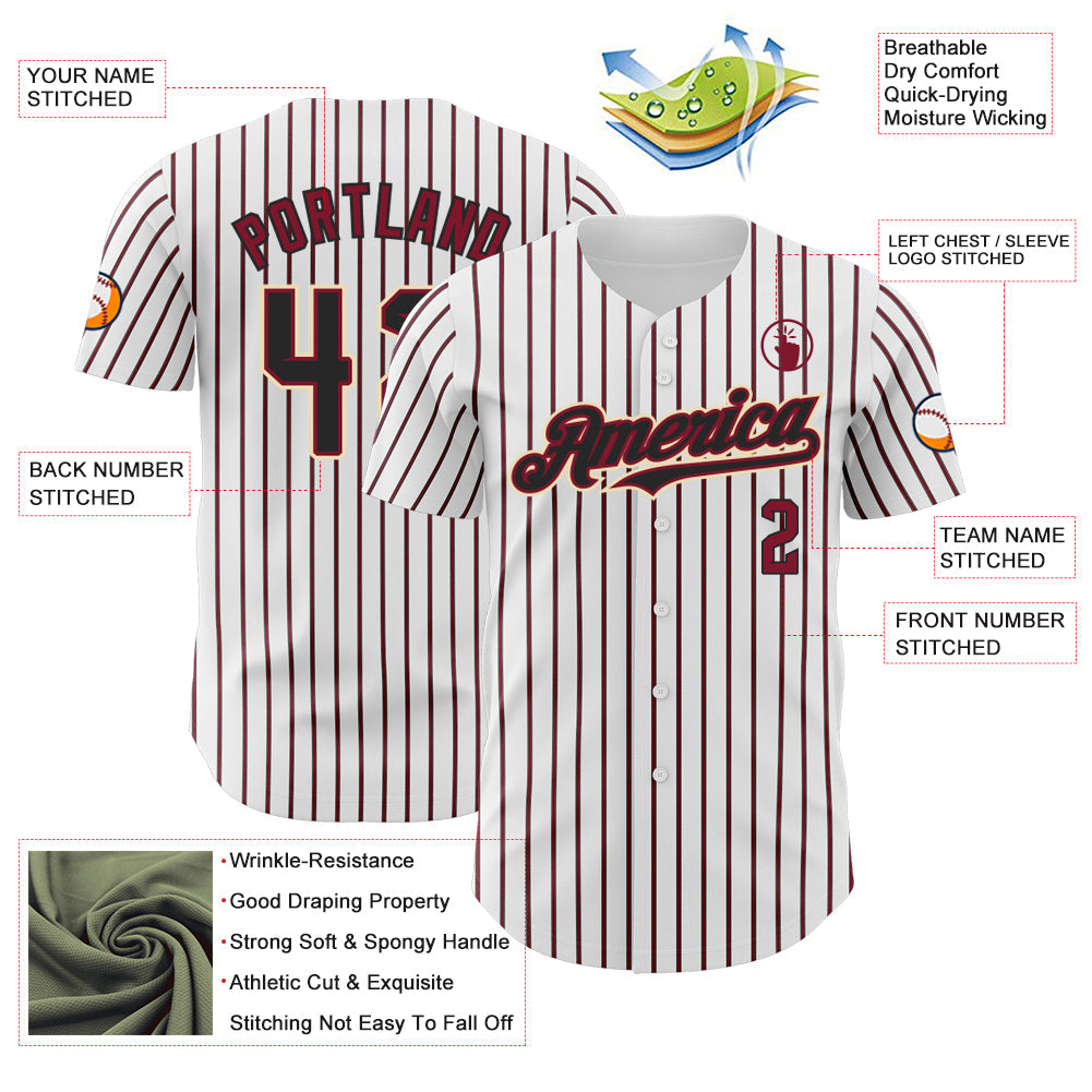 Custom White (Black Crimson Pinstripe) Black Crimson-Cream Authentic Baseball Jersey view 3
