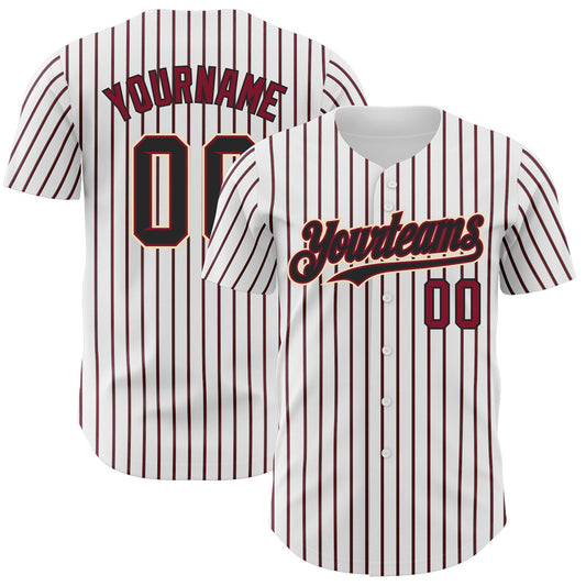 Custom White (Black Crimson Pinstripe) Black Crimson-Cream Authentic Baseball Jersey - Main View