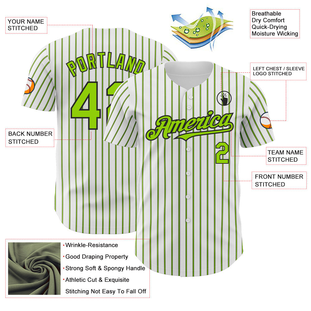 Custom White (Black Neon Green Pinstripe) Neon Green-Black Authentic Baseball Jersey view 3