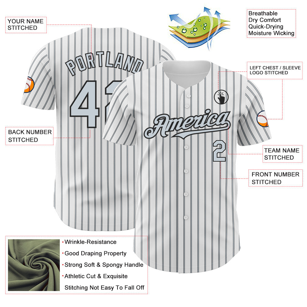 Custom White (Black Silver Pinstripe) Silver-Black Authentic Baseball Jersey view 3