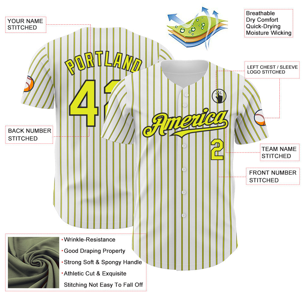 Custom White (Black Neon Yellow Pinstripe) Silver-Black Authentic Baseball Jersey view 3