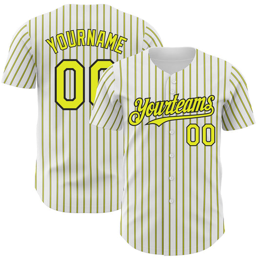 Custom White (Black Neon Yellow Pinstripe) Silver-Black Authentic Baseball Jersey - Main View
