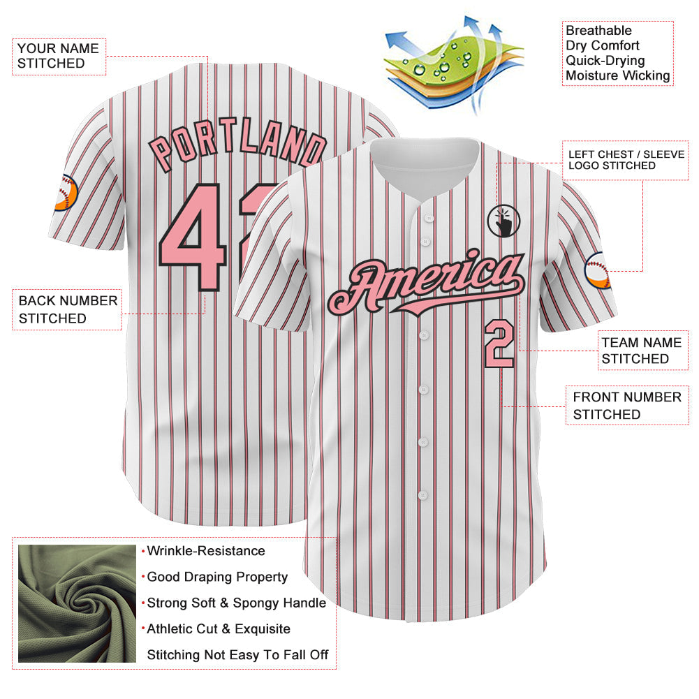 Custom White (Black Medium Pink Pinstripe) Silver-Black Authentic Baseball Jersey view 3
