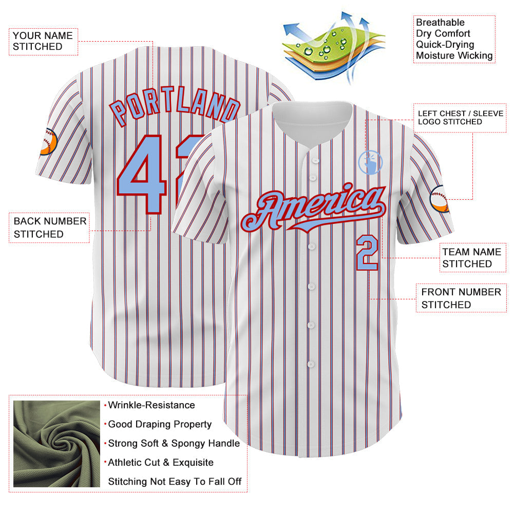 Custom White (Red Light Blue Pinstripe) Light Blue-Red Authentic Baseball Jersey view 3