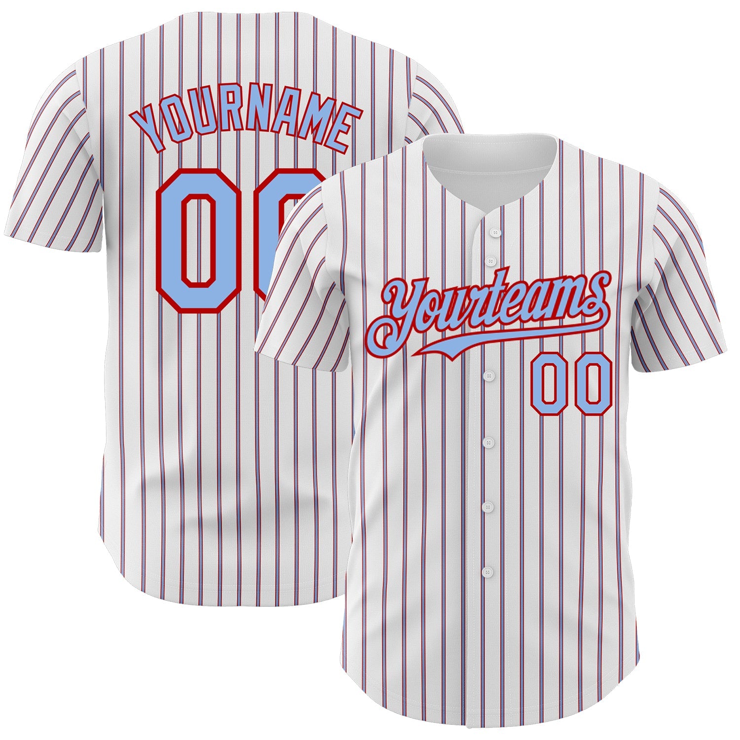 Custom White (Red Light Blue Pinstripe) Light Blue-Red Authentic Baseball Jersey - Main View