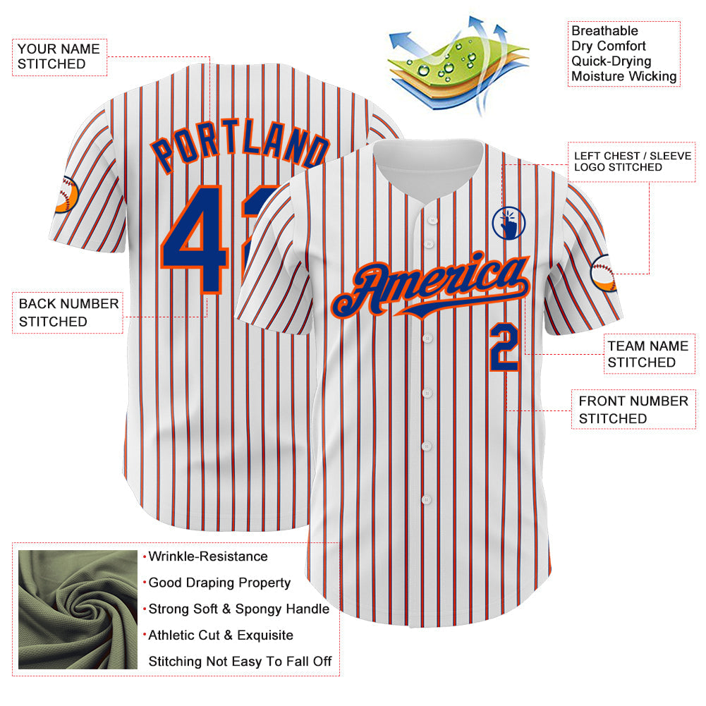 Custom White (Royal Orange Pinstripe) Orange-Royal Authentic Baseball Jersey view 3