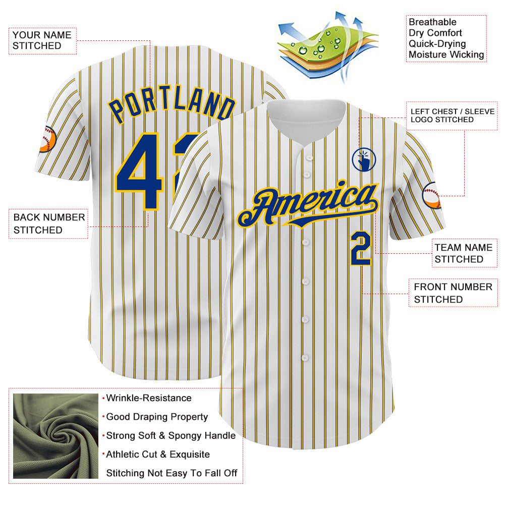 Custom White (Royal Yellow Pinstripe) Royal-Yellow Authentic Baseball Jersey view 3