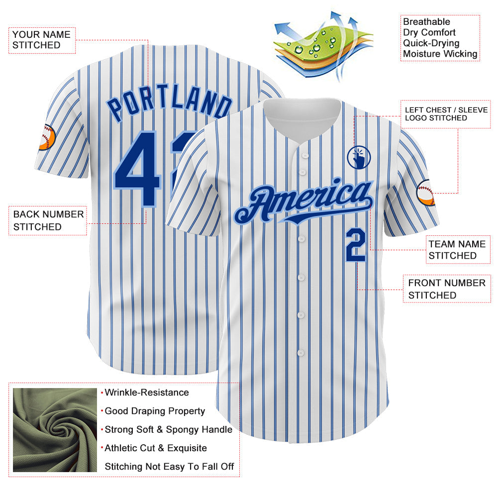 Custom White (Royal Light Blue Pinstripe) Royal-Light Blue Authentic Baseball Jersey view 3