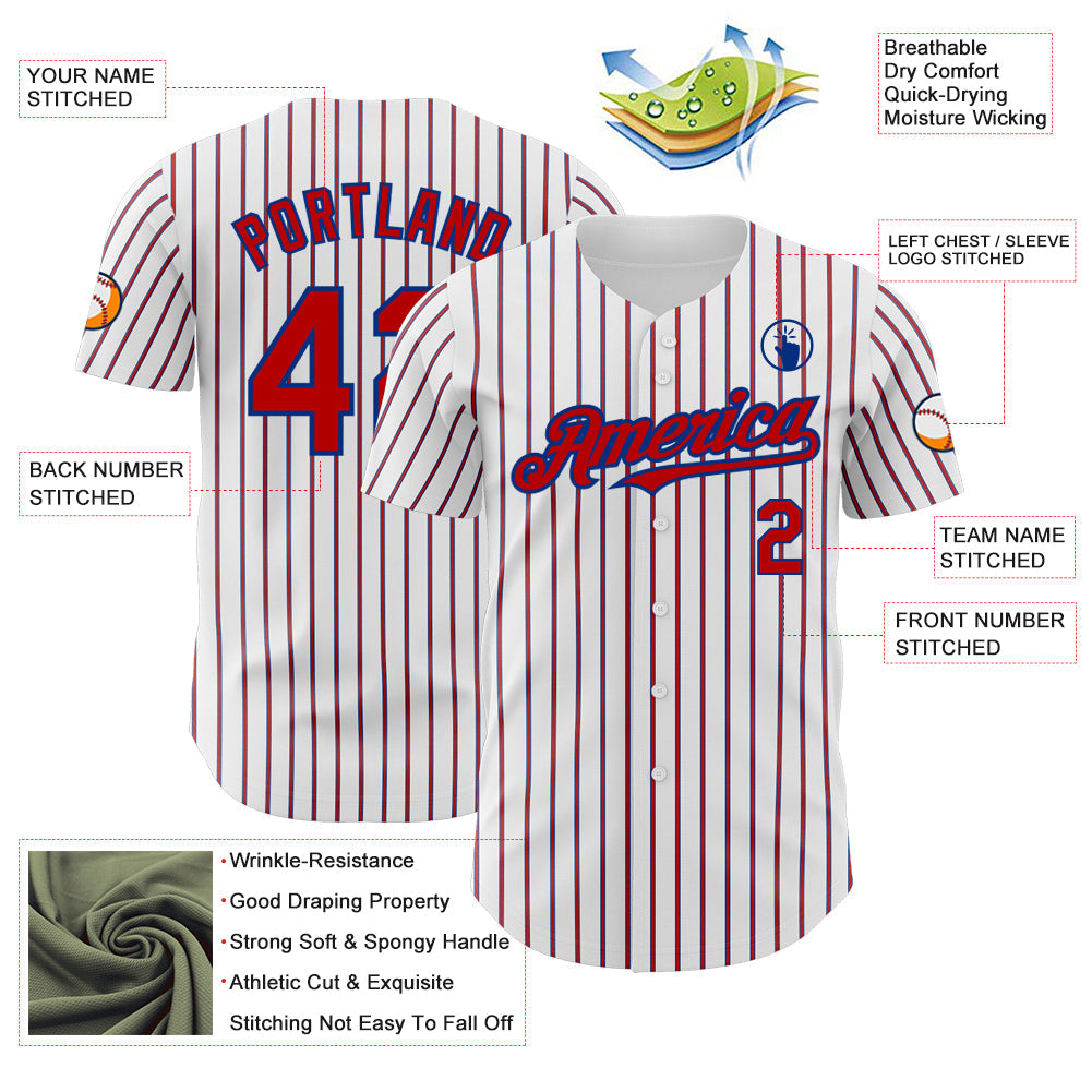 Custom White (Royal Red Pinstripe) Red-Royal Authentic Baseball Jersey view 3