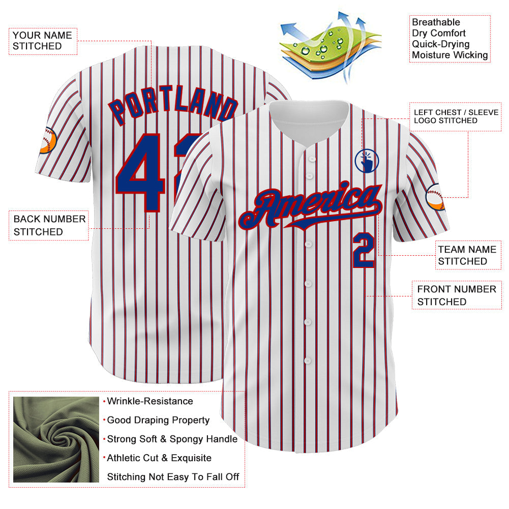 Custom White (Royal Red Pinstripe) Royal-Red Authentic Baseball Jersey view 3