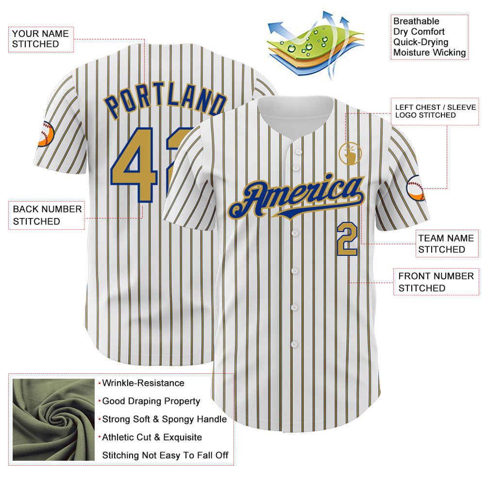 Custom White (Royal Old Gold Pinstripe) Old Gold-Royal Authentic Baseball Jersey view 3