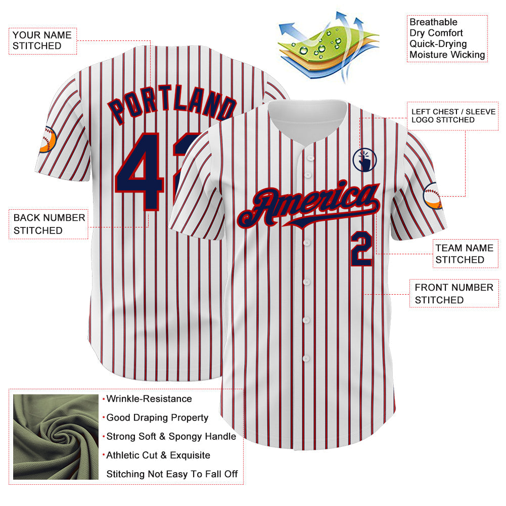 Custom White (Navy Red Pinstripe) Navy-Red Authentic Baseball Jersey view 3